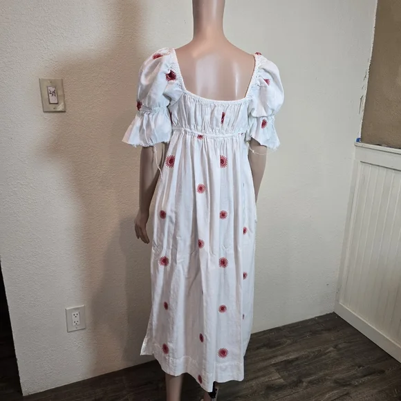 Free People Midi Dress Ivory Red Emory Embroider Cotton Preppy Boho Small - Picture 16 of 16